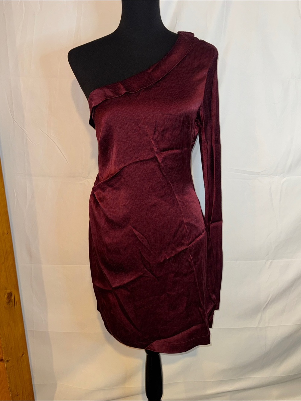 Skylar + Madison One-Shoulder Maroon Satin Mini Dress